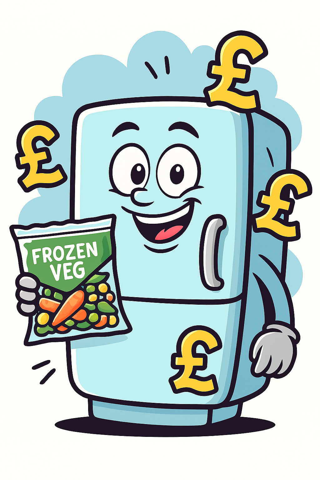 AI generated cartoon of a fridge with pound signs and frozen veg