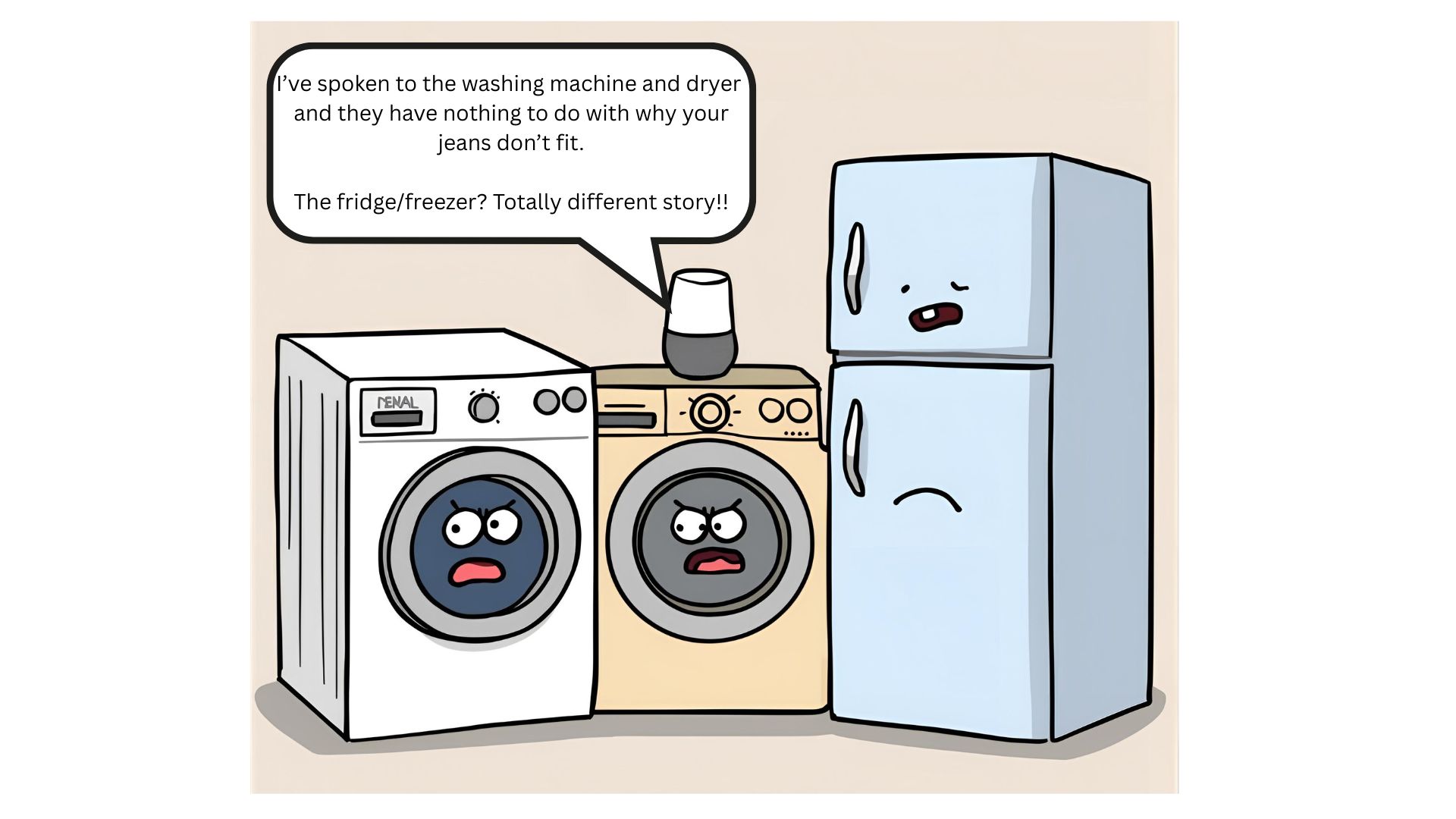 meeting of washing machine, dryer, fridge/freezer and Google Home. In a speech bubble the words "I’ve spoken to the washing machine and dryer and they have nothing to do with why your jeans don’t fit!"The fridge/freezer? Totally different story!